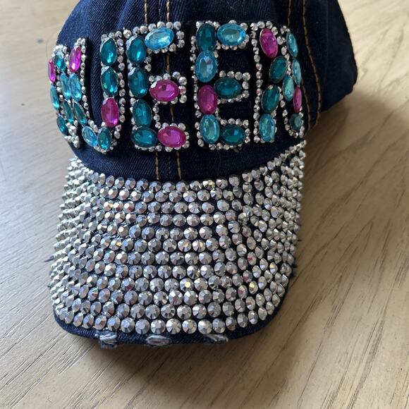Rhinestone Baseball Hat Blue Denim with Studs Distressed Bling Cap “Queen” Y2K - Picture 3 of 13